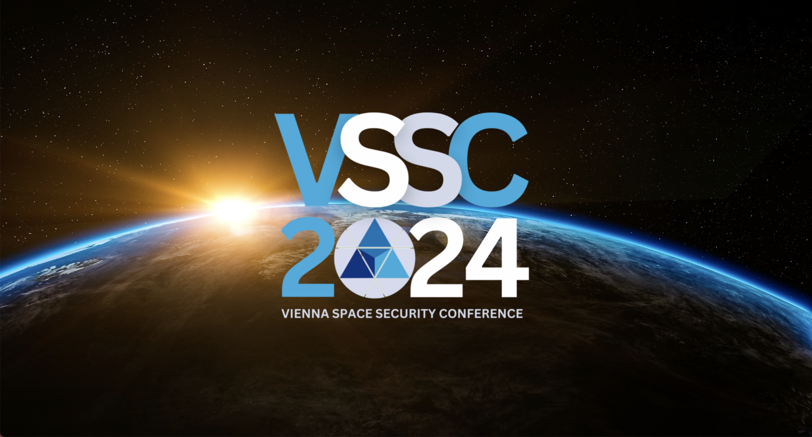 VSSC 2024 Logo mit Erdkugel und Sonnenlicht vor Sternenhimmel, Untertitel Vienna Space Security Conference