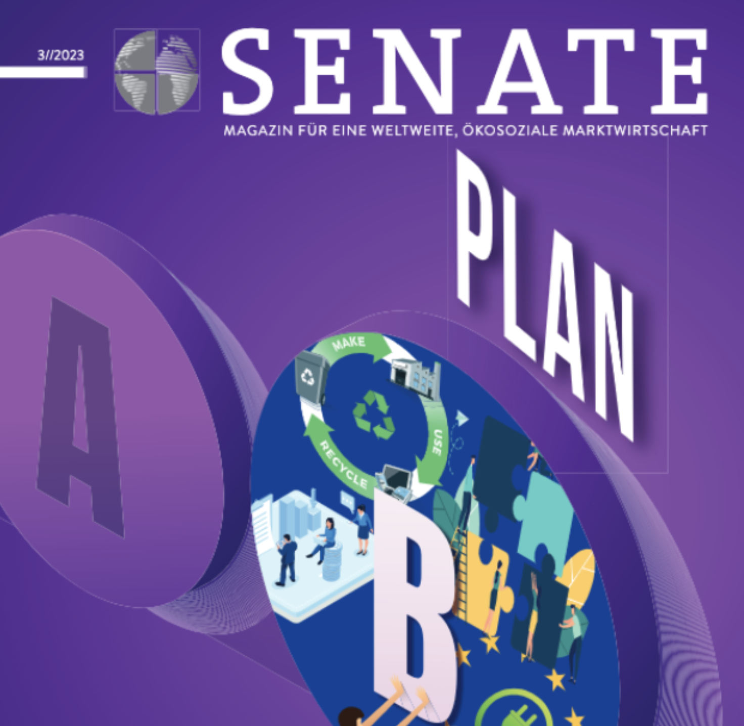 SENAT Magazin 3/2023 mit Titelthema "Plan B" zur nachhaltigen Marktwirtschaft auf violettem Hintergrund.