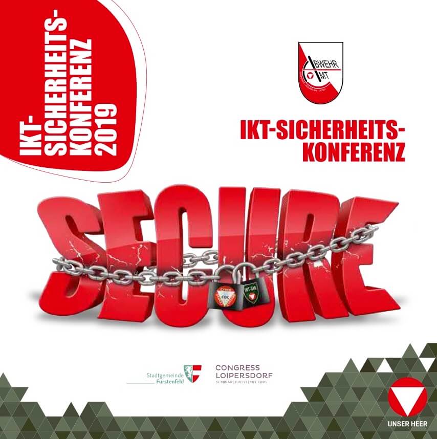 IKT-Sicherheitskonferenz 2019 mit großem roten SECURE-Schriftzug, Kette und Sicherheitslogos