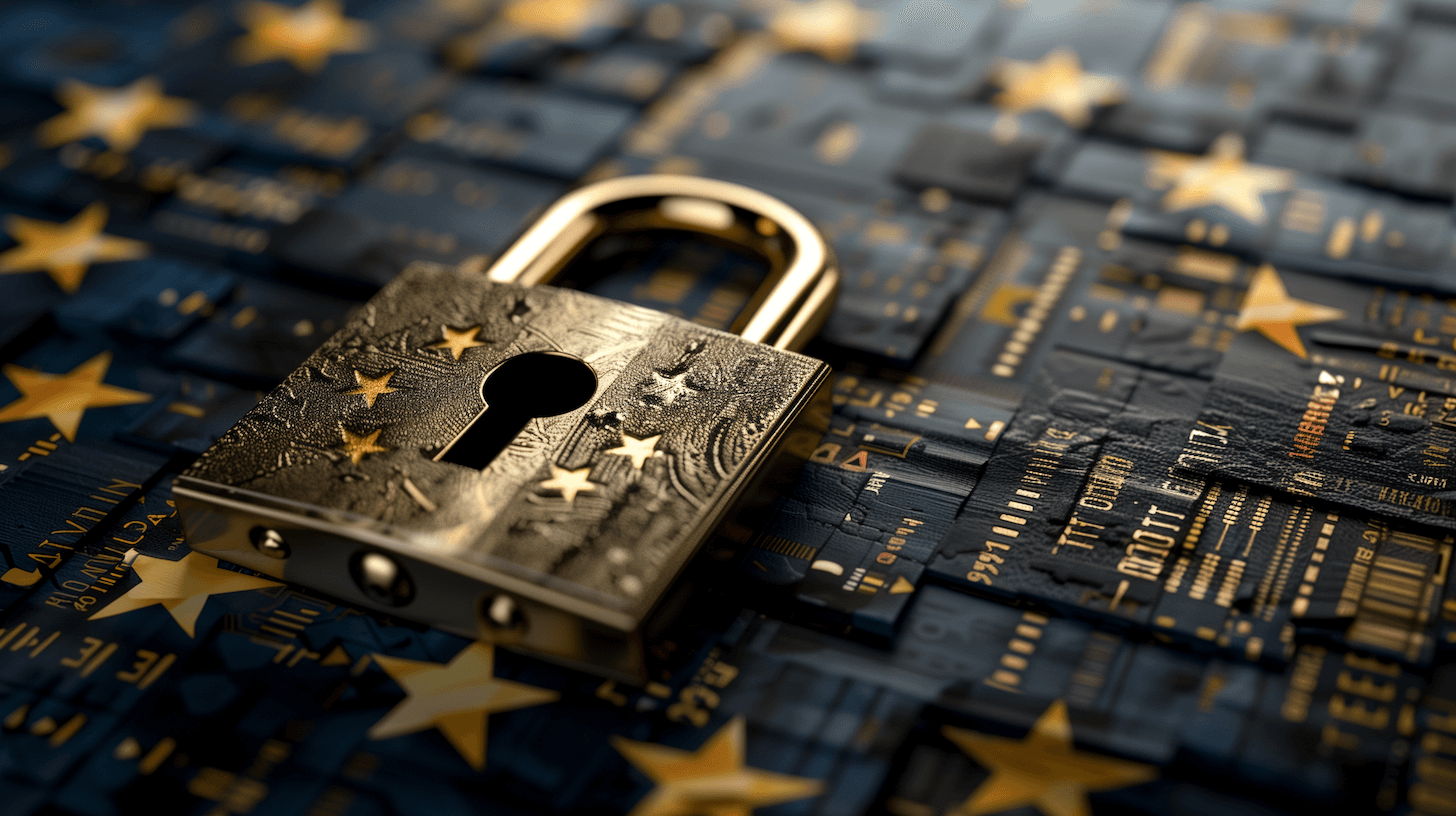 Offenes Vorhängeschloss auf digitaler Schaltfläche mit EU-Sternen, symbolisiert Cybersicherheit und Datenschutz.