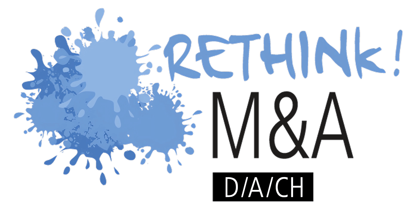 RETHINK!-Logo mit blauem Farbspritzer und Text M&A D/A/CH