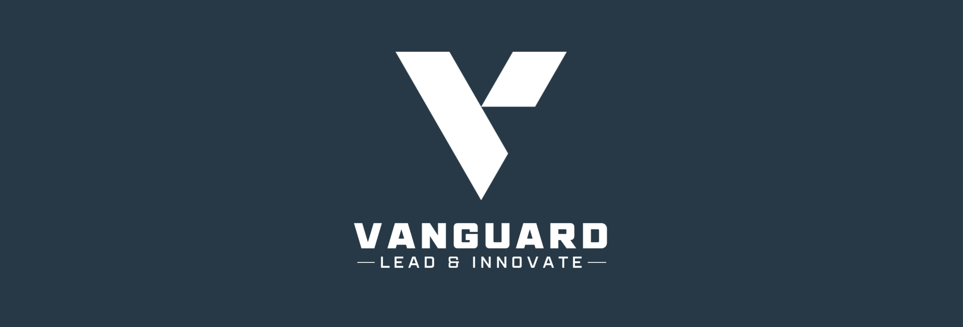 Vanguard-Logo mit stilisiertem V-Symbol und Tagline "Lead & Innovate" auf dunkelblauem Hintergrund