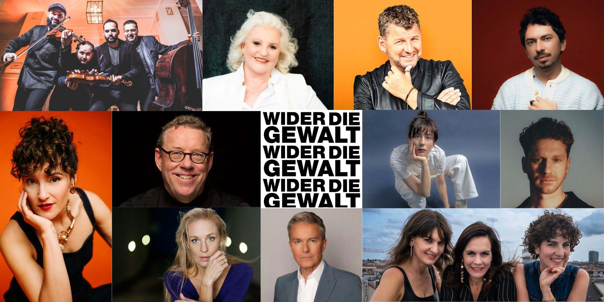Collage mit zwölf Porträts verschiedener Personen und Schriftzug "Wider die Gewalt" zur Kampagne gegen Gewalt.