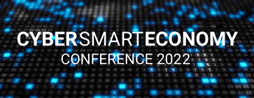 Cybersmart Economy Conference 2022 mit blauem digitalem Hintergrund und Datenvisualisierung