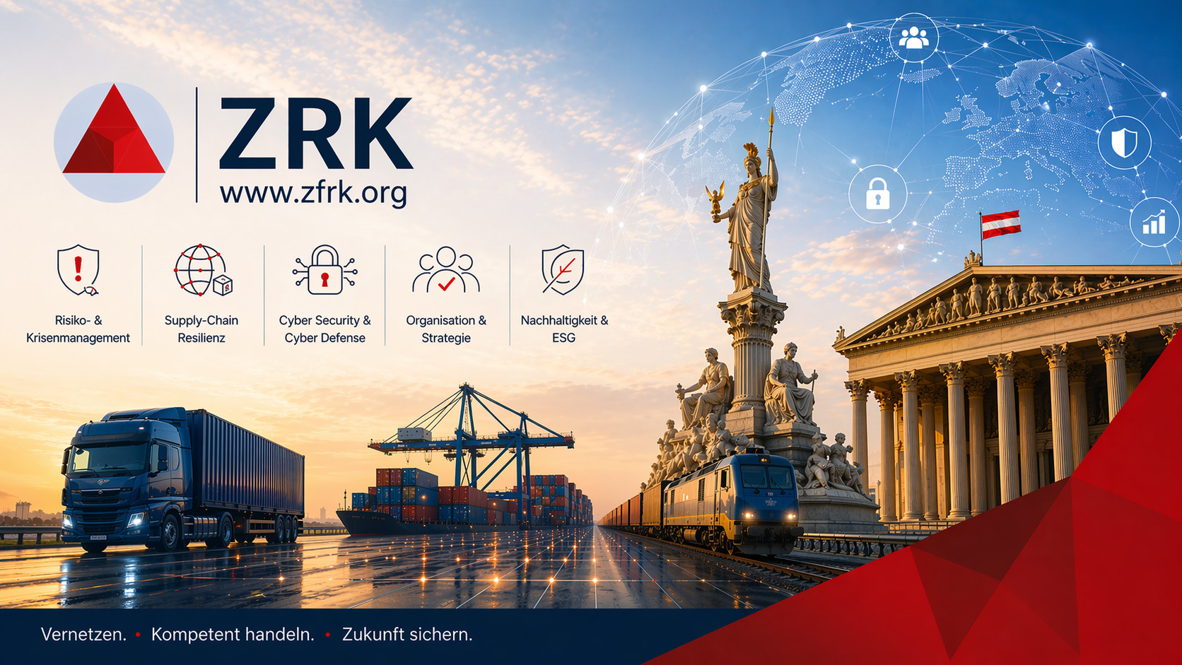 ZRK logo and service areas displayed with transport infrastructure, Austrian Parliament building, and global network symbol.