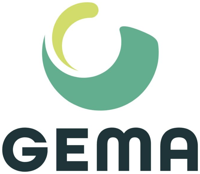 GEMA-Logo mit stilisiertem grün-gelben kreisförmigen Grafikelement und dunkelblauem Schriftzug darunter.