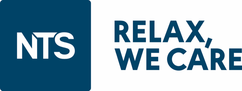 NTS-Firmenlogo in Dunkelblau mit weißem Schriftzug und Slogan „Relax, we care" in Blau