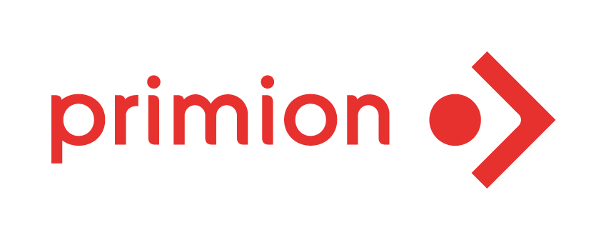 Logo von primion in roter Schrift mit einem roten Punkt und Pfeilsymbol auf weißem Hintergrund
